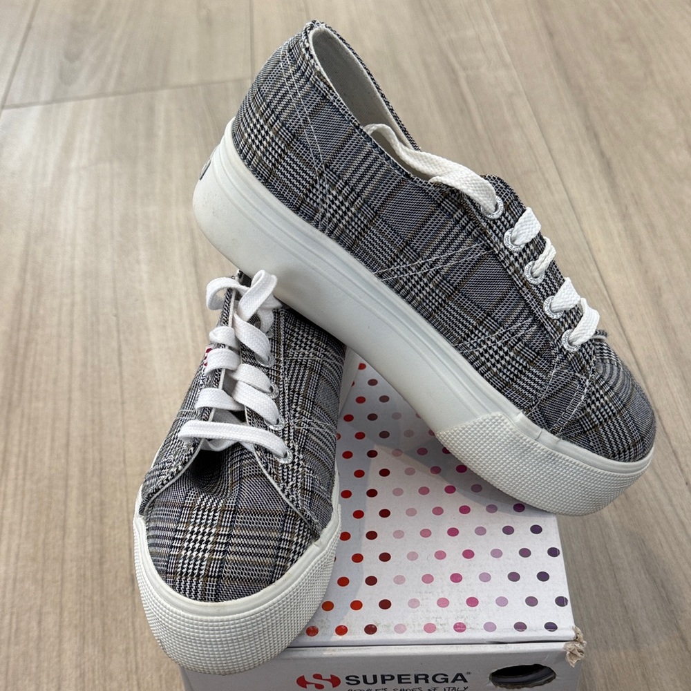 Superga Women's Black and White Plaid Platform Sneakers